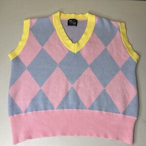 Steady Hands Sweater Vest Womens S/M Pink Blue Argyle Kawaii Pastel Boxy